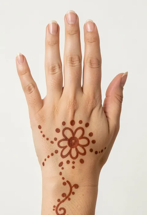 For-kids back-hand mehndi design with a simple daisy flower, dot ring and small wrist swirl