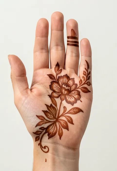 Arabic front-hand mehndi design with a bold shaded blossom, leafy trail and a slim fingertip band