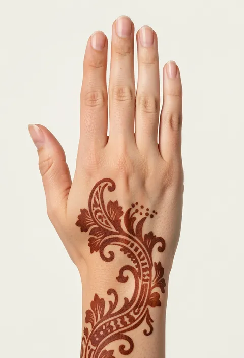Arabic back-hand mehndi design with a bold flowing floral swirl trailing diagonally from the wrist