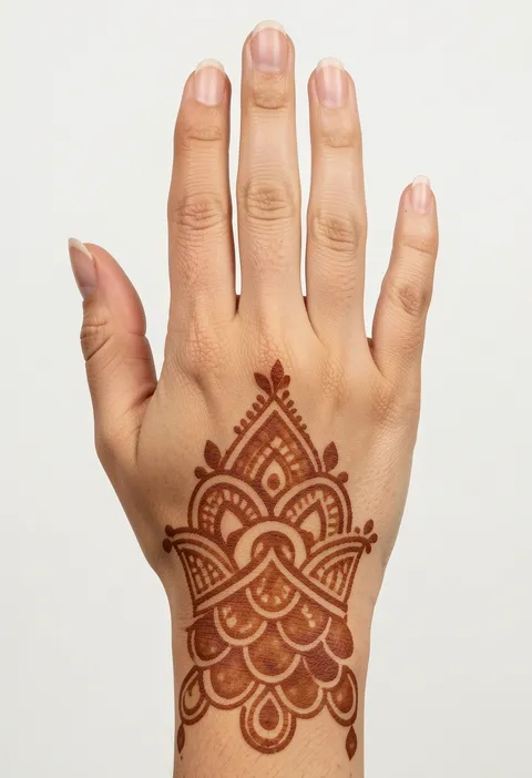 For-girls back-hand mehndi design with a wrist mandala and mango-scale fan of layered teardrops