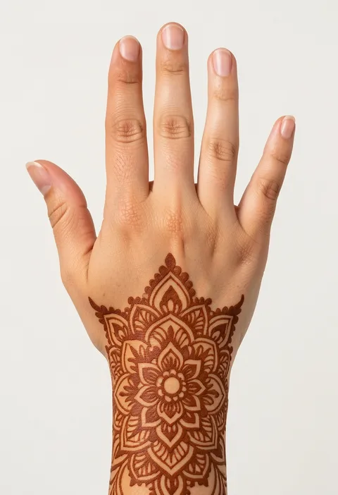 Bridal back-hand mehndi design with an ornate wrist mandala and a detailed floral centre