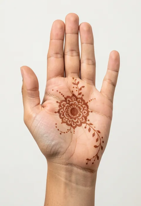 Minimal front-hand mehndi design with a small round mandala and a delicate dotted leaf vine