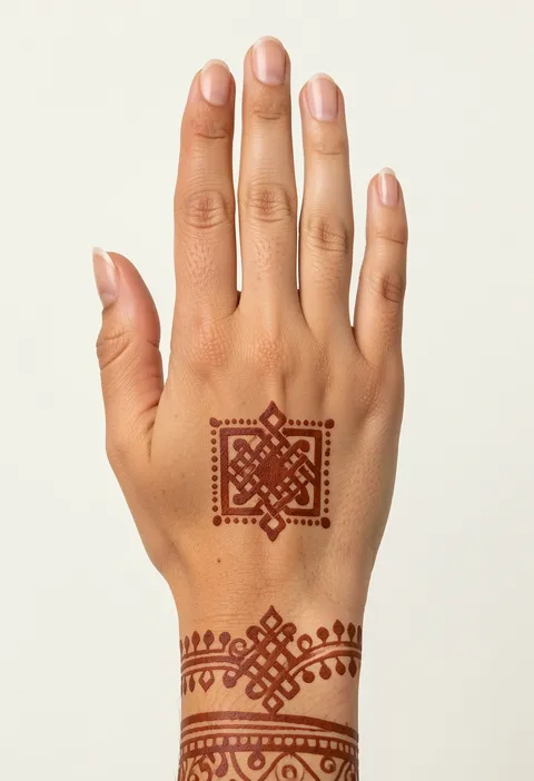 Minimal back-hand mehndi design with a square knotwork medallion and matching dotted wrist band