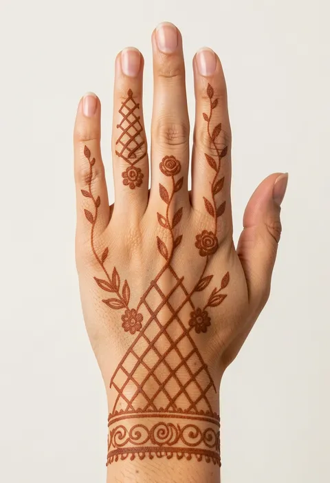 For-girls back-hand mehndi design with a diamond-lattice net, little roses and a swirled wrist band