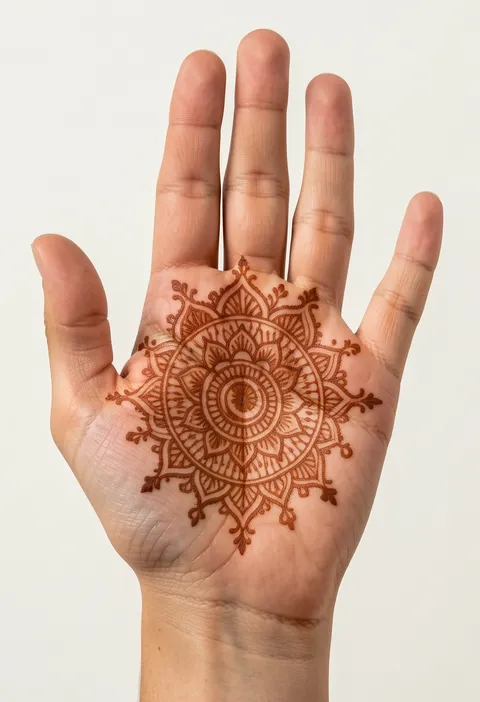 Bridal front-hand mehndi design with an ornate round palm mandala of layered petal rings