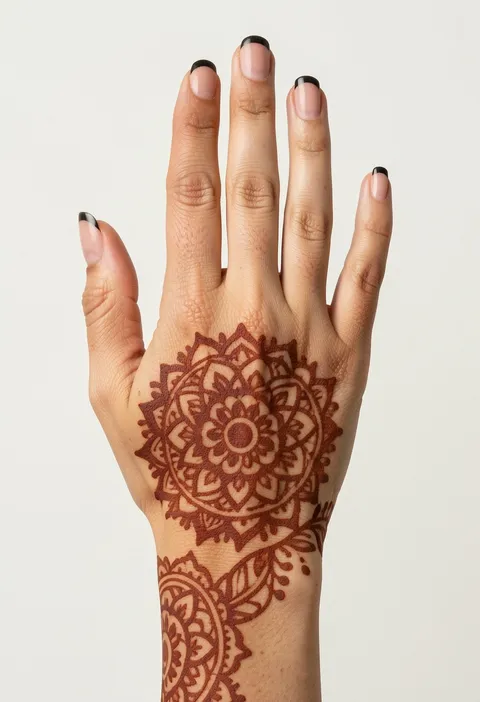 For-girls back-hand mehndi design with a bold round floral mandala and a matching wrist medallion