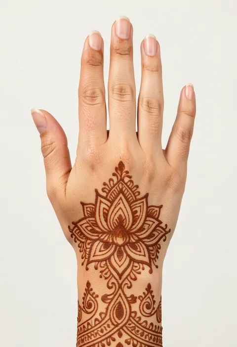 Bridal back-hand mehndi design with a central lotus mandala and a delicate paisley wrist border