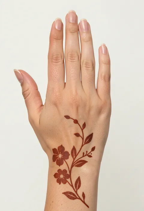 Minimal back-hand mehndi design with a small wrist blossom and two fine vine trails
