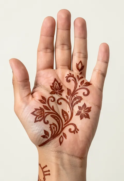 Arabic front-hand mehndi design with a flowing floral vine and paisley buds across the palm