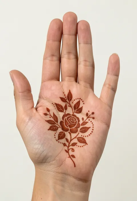For-girls front-hand mehndi design with a rose-and-leaf spray and dainty dotted border on the palm