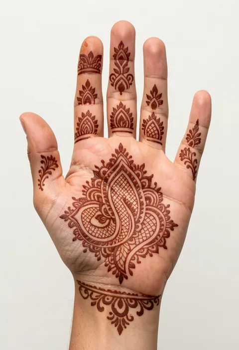 Bridal front-hand mehndi design with an ornate palm mandala, jaali net-fill and fingertip motifs