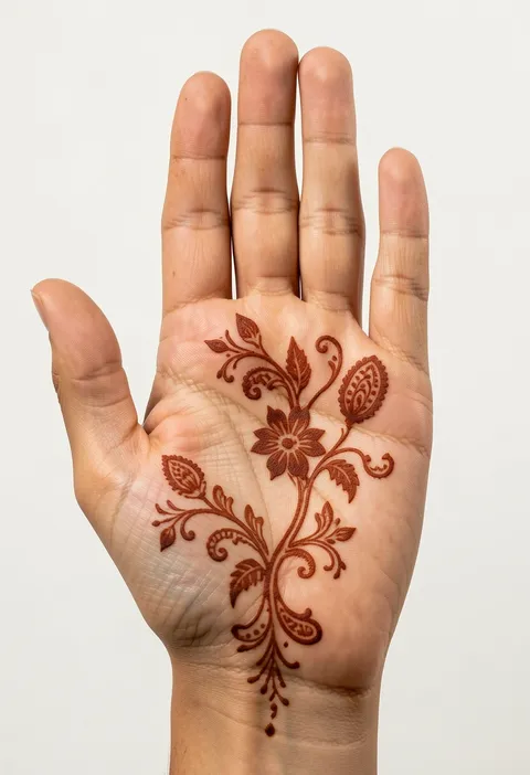 For-girls front-hand mehndi design with a floral vine and paisley buds across the palm