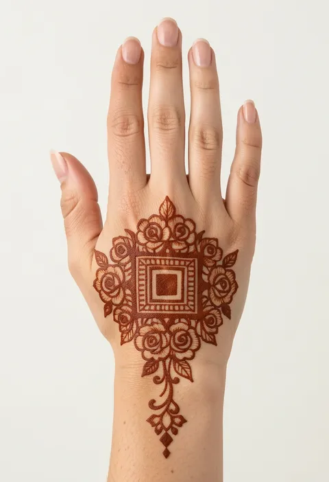 Arabic back-hand mehndi design with a central square medallion framed by rose clusters