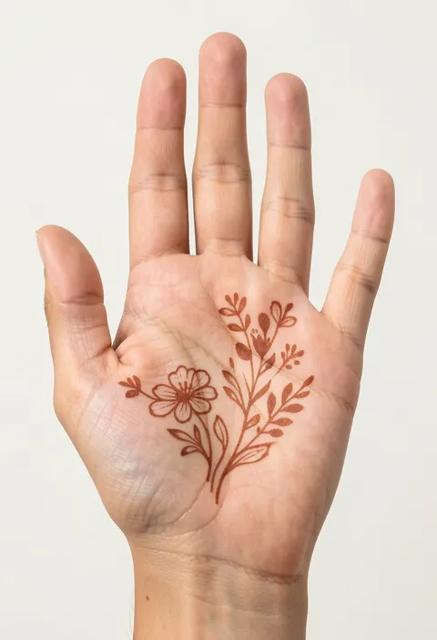 Minimal front-hand mehndi design with a soft floral spray and generous negative space