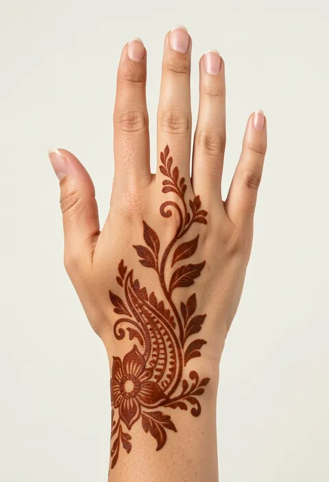 Arabic back-hand mehndi design with a bold wrist flower and flowing paisley vine trailing up the index finger