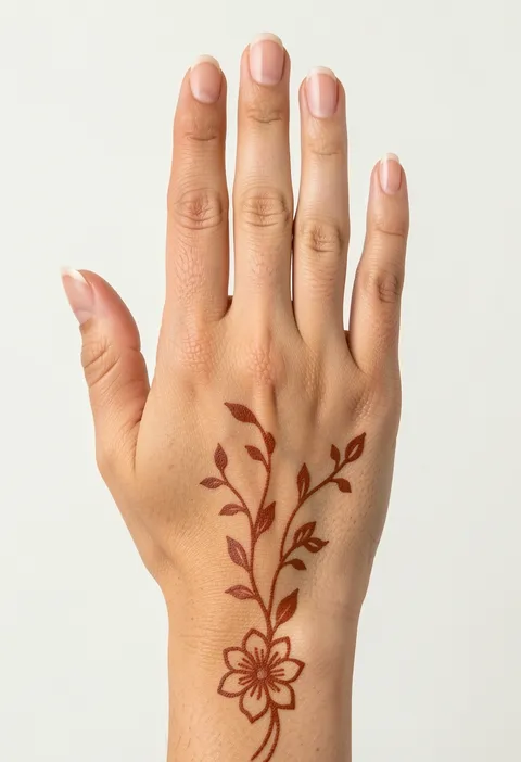 Minimal back-hand mehndi design with a small wrist blossom and fine leafy vine trails