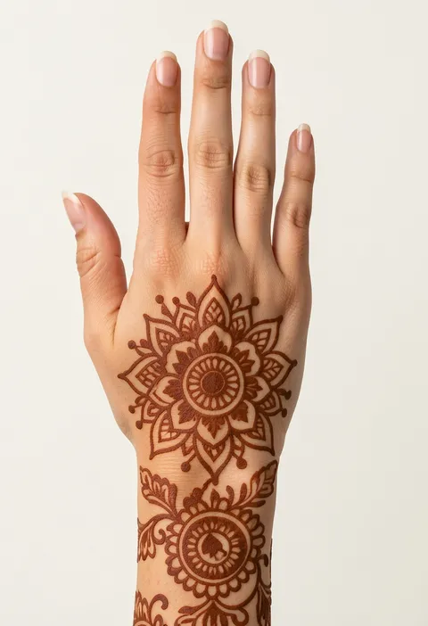 Bridal back-hand mehndi design with a large central mandala rosette and a matching wrist medallion