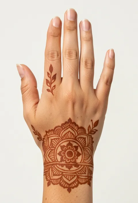 For-girls back-hand mehndi design with a mandala wrist cuff and a leafy sprig on the middle finger