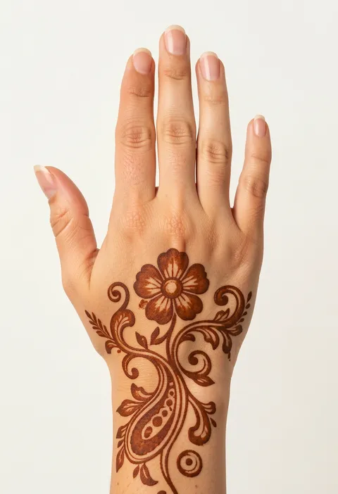Arabic back-hand mehndi design with a bold central flower and flowing paisley and leaf swirls