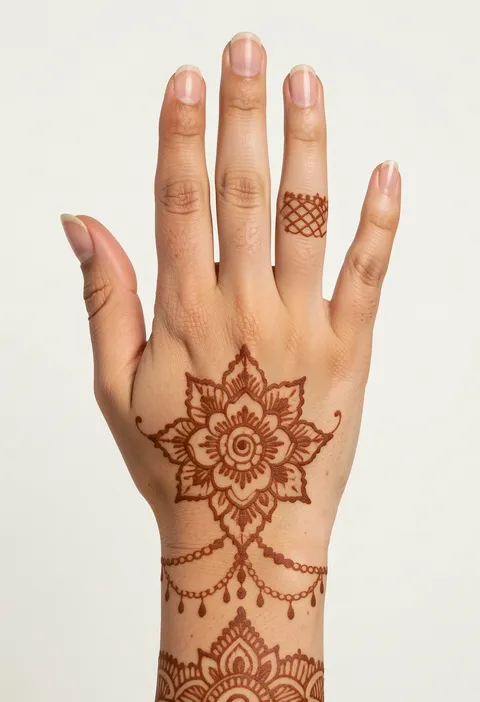 Bridal back-hand mehndi design with a layered mandala flower, chain drape and lattice fingertip cap