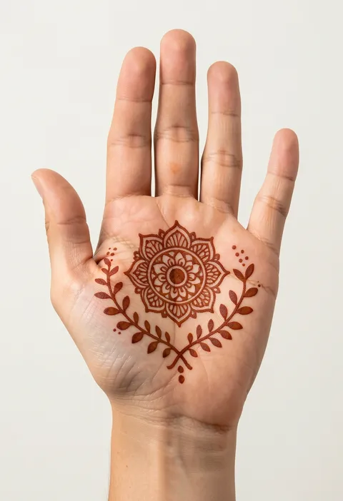 For-girls front-hand mehndi design with a central mandala rosette flanked by two curved leafy vines