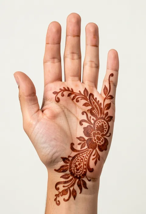 Arabic front-hand mehndi design with a diagonal floral and paisley spray trailing from the wrist to the fingers