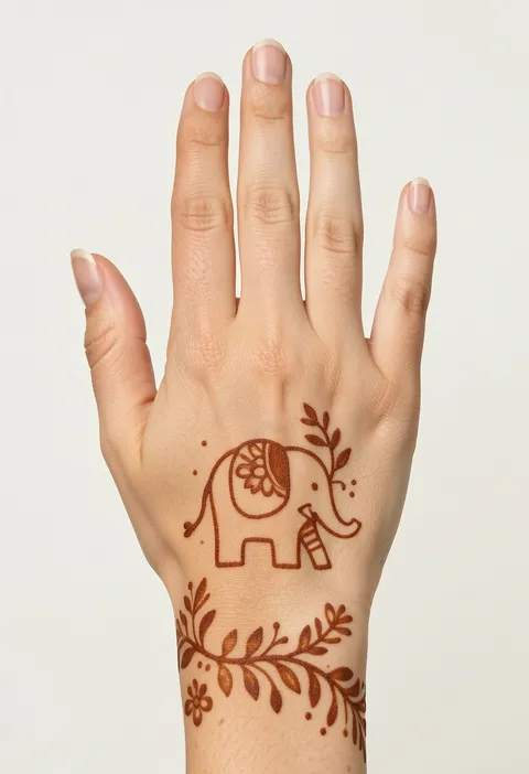 For-kids back-hand mehndi design with a cute cartoon elephant and a leafy wrist vine