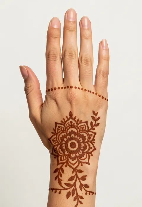 Arabic back-hand mehndi design with a central bloom mandala and leafy vine trails up the fingers