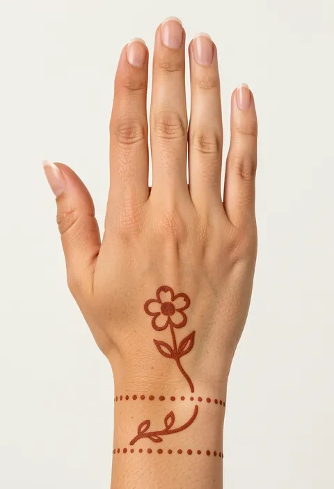 Simple for-kids back-hand mehndi design with a little daisy flower and dotted wrist bands