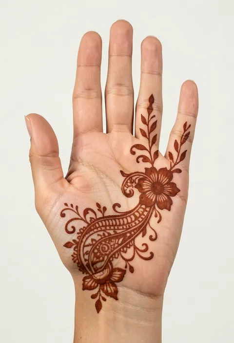 Arabic front-hand mehndi design with a diagonal paisley and floral trail sweeping across the palm