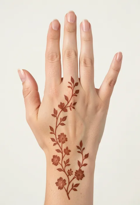 Minimal back-hand mehndi design with a delicate floral vine curving across the hand onto two fingers