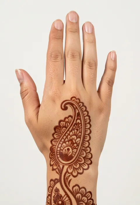 Arabic back hand mehndi design with one large paisley mango curving from the wrist upward