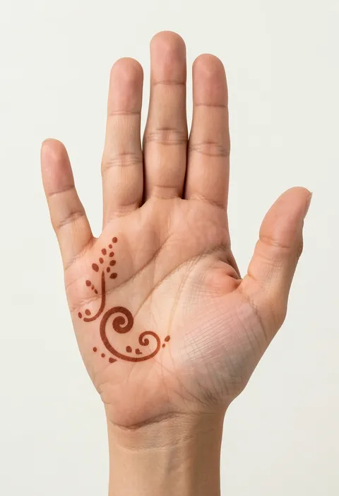 Minimal front hand mehndi design with a single curling swirl and scattered dots on the palm