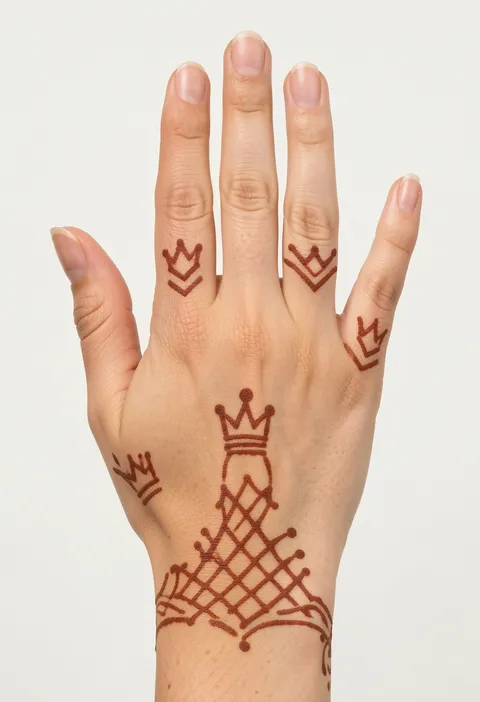 Kids mehndi design on the back of the hand with tiny crowns on the fingers and a net crown motif