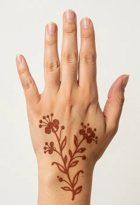 Kids back-hand mehndi design with small henna blossom sprays and slim leafy stems
