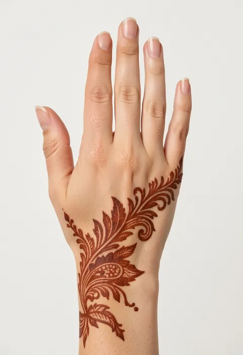 Arabic back-hand mehndi design with a diagonal trail of feathered paisley leaves
