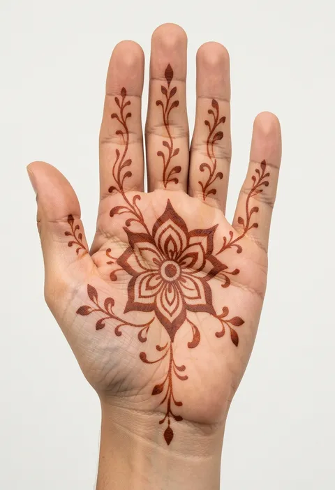 Front-hand mehndi design for girls with a centred palm rosette and finger vine trails