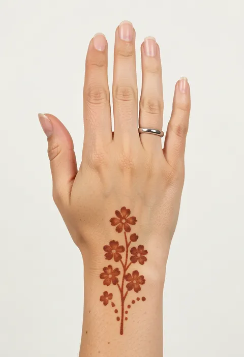 Simple back hand mehndi design for kids with a small flower sprig and dotted stems
