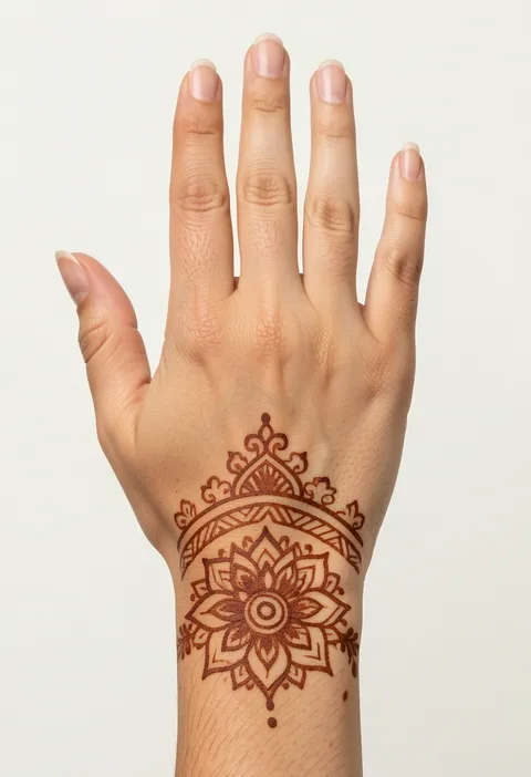 Bridal back-hand mehndi design with a large wrist mandala under a scalloped crown arch