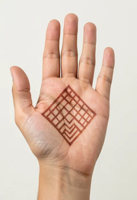 Minimal front-hand mehndi design with a geometric diamond lattice medallion on the palm