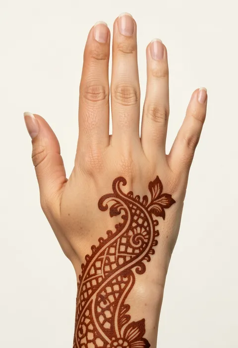 Arabic back hand mehndi design with a flowing paisley trail and fine jaali net shading