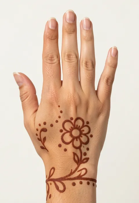 Simple kids mehndi design on the back of the hand with a round flower, dots and a wrist vine