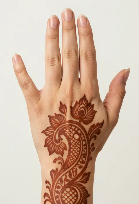 Arabic back hand mehndi design with a peacock-feather paisley curving from wrist to knuckles