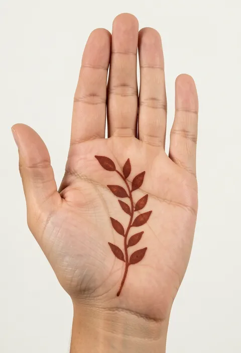 Minimal palm mehndi design with a single leafy henna vine curving up the centre of the hand