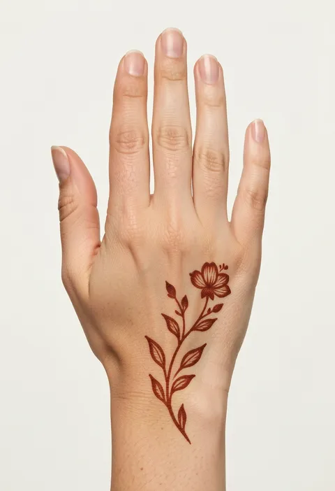 Minimal back-hand mehndi design with a single blossom and leafy sprig curving up from the wrist