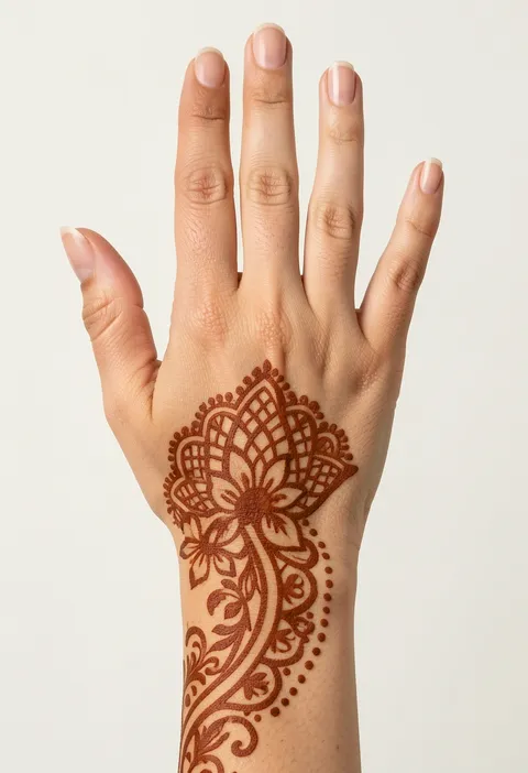 Arabic back-hand mehndi design with a scalloped jaali net fan and a floral vine trailing down the wrist