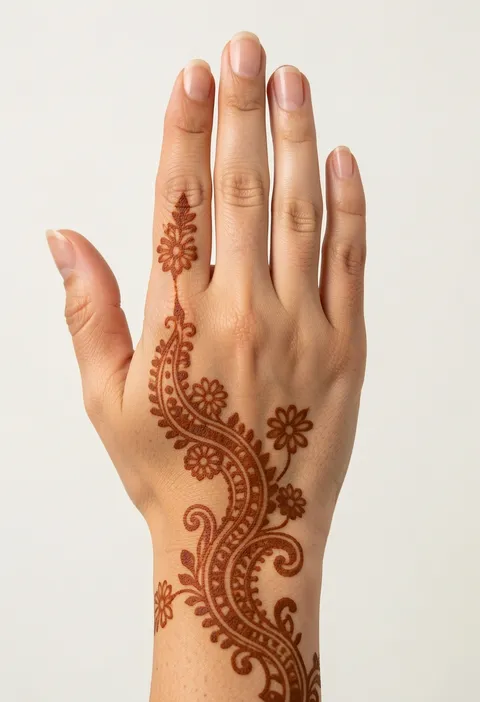 Mehndi design for girls on the back of the hand with a curving floral vine and small daisy blooms