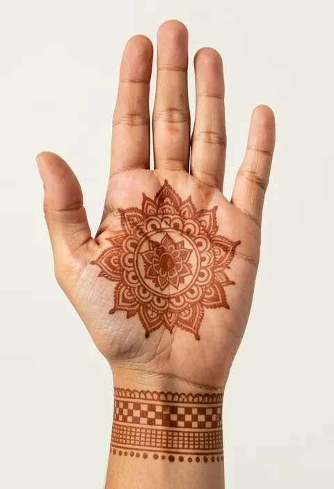 Bridal front-hand mehndi design with a detailed palm mandala and a chequered wrist cuff band
