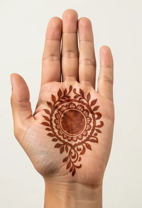 Arabic front-hand mehndi design with a round palm medallion framed by a leafy vine wreath