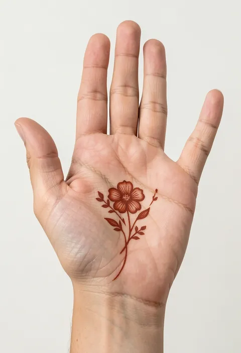 Minimal front-hand mehndi design with a single henna bloom and slender leafy stem on the palm